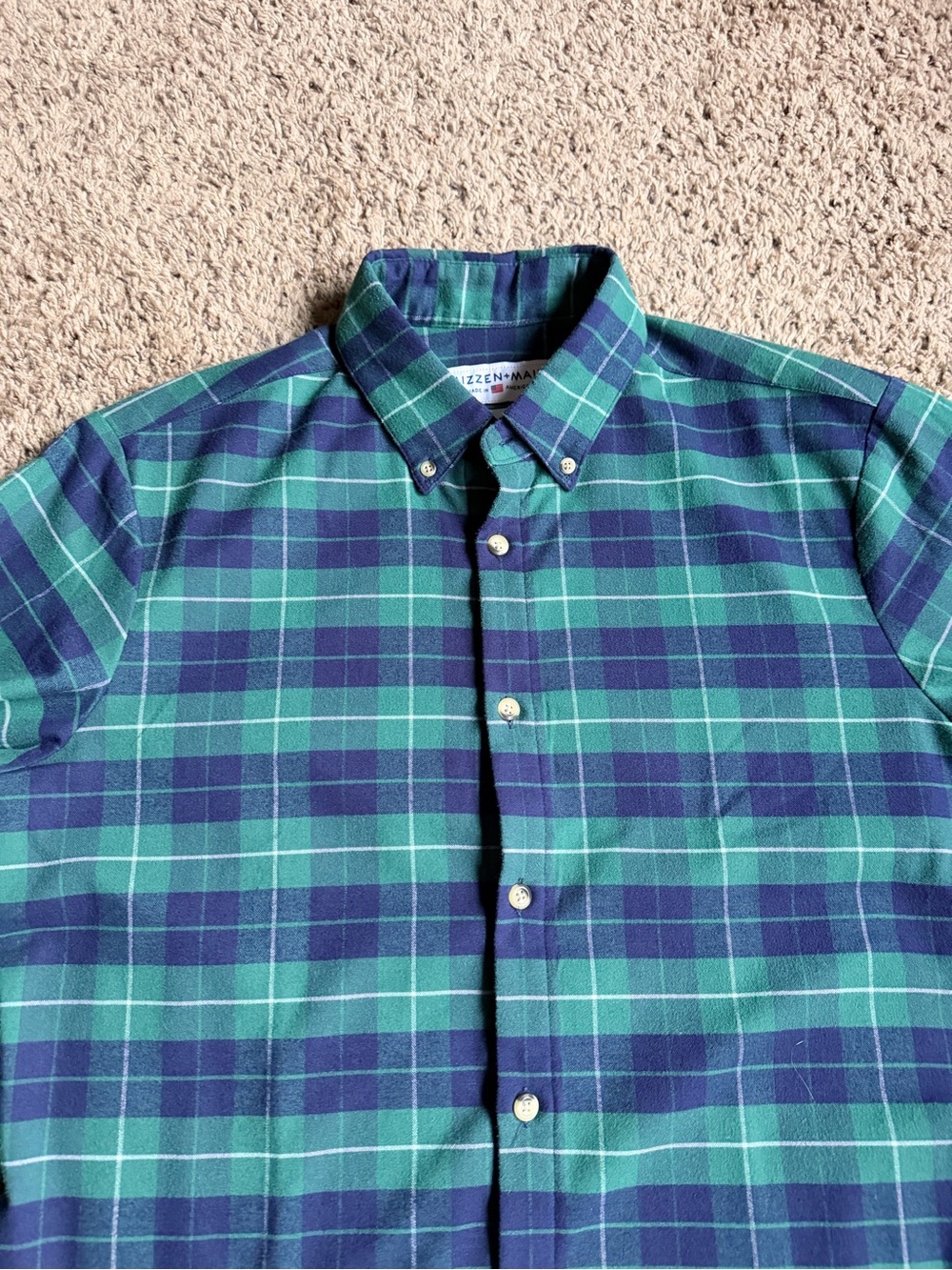 Mizzen+Main Button Down Shirt Medium Trim Fit Flannel Blue Green Plaid